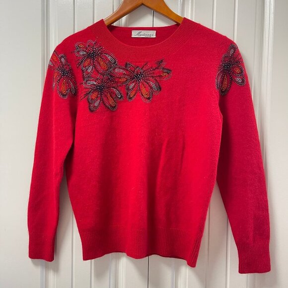 Vintage Martinna Collection Rhinestone Floral Cashmere Sweater Red - Picture 2 of 12